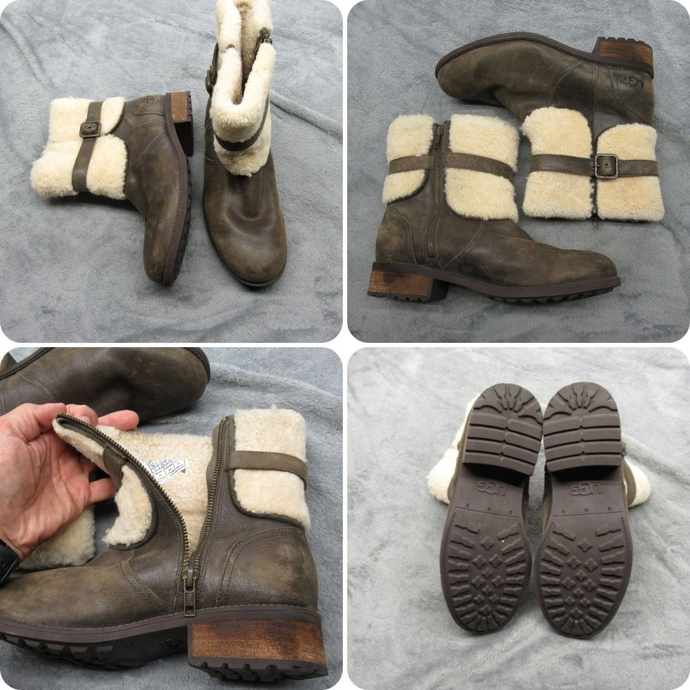 UGG Blayre II Boot Women 11 Brown Shearling Buckle ZipAnkle Sheepskin Wool Strap